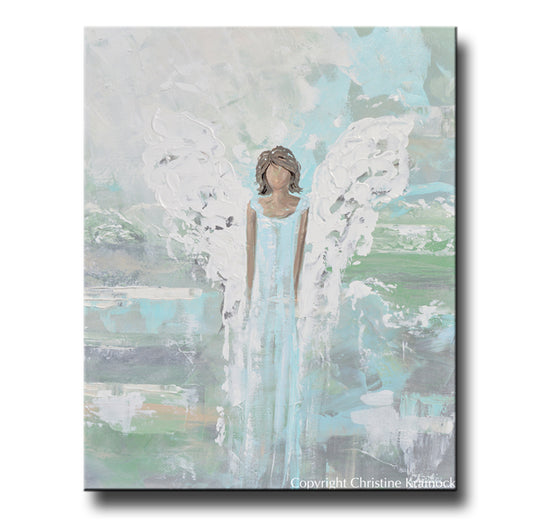 ORIGINAL Abstract Angel Painting Art Guardian Angel Aqua Blue Green Spiritual Home Wall Decor 24x30"