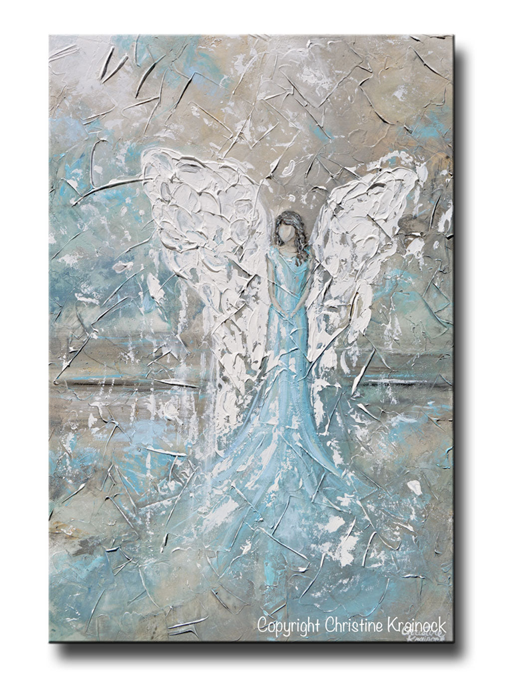 ORIGINAL Abstract Angel Painting Textured Guardian Angel White Blue Grey Taupe Home Decor Wall Art 24x36"