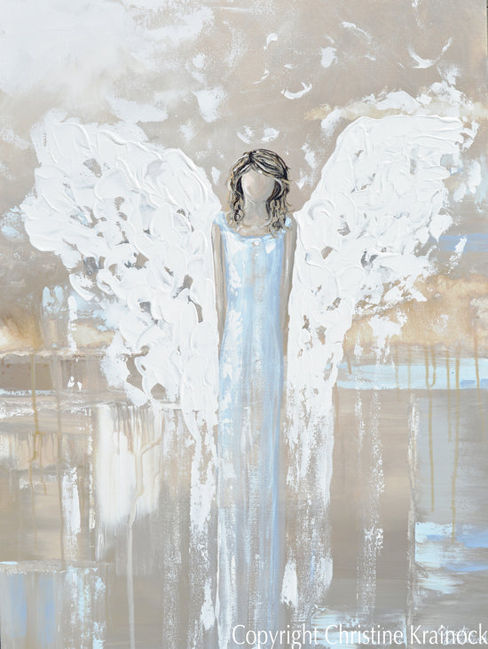 ORIGINAL Abstract Angel Painting Spiritual Fine Art White Blue Grey Home Wall Decor 30x40"