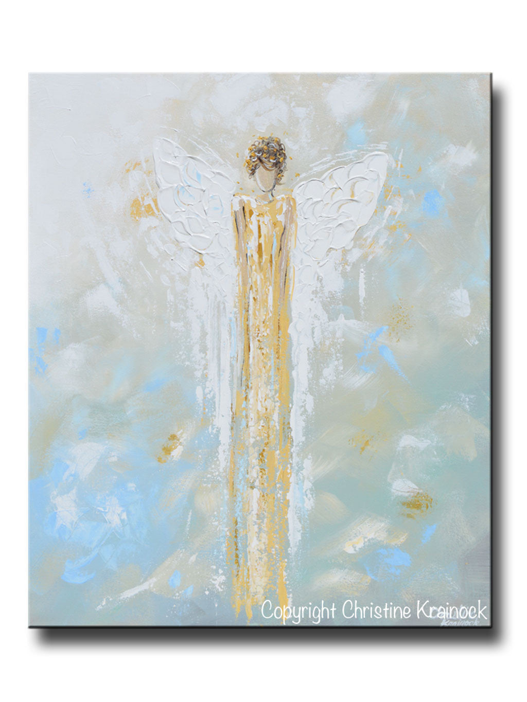 ORIGINAL Abstract Angel Painting Gold White Guardian Angel Textured Palette Knife Blue Green Home Wall Art 24" - Christine Krainock Art - Contemporary Art by Christine - 1