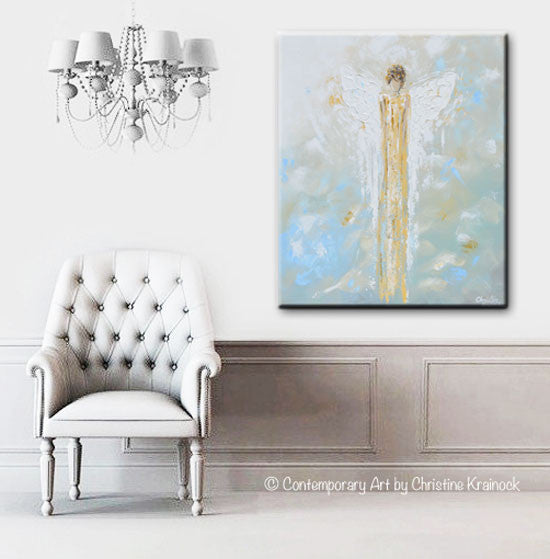 Load image into Gallery viewer, ORIGINAL Abstract Angel Painting Gold White Guardian Angel Textured Palette Knife Blue Green Home Wall Art 24&amp;quot; - Christine Krainock Art - Contemporary Art by Christine - 6
