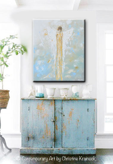 Load image into Gallery viewer, ORIGINAL Abstract Angel Painting Gold White Guardian Angel Textured Palette Knife Blue Green Home Wall Art 24&amp;quot; - Christine Krainock Art - Contemporary Art by Christine - 2

