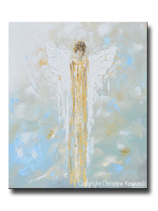 GICLEE PRINT Abstract Angel Painting Gold White Guardian Angel Canvas Blue Green Modern Home Wall Art - Christine Krainock Art - Contemporary Art by Christine - 1