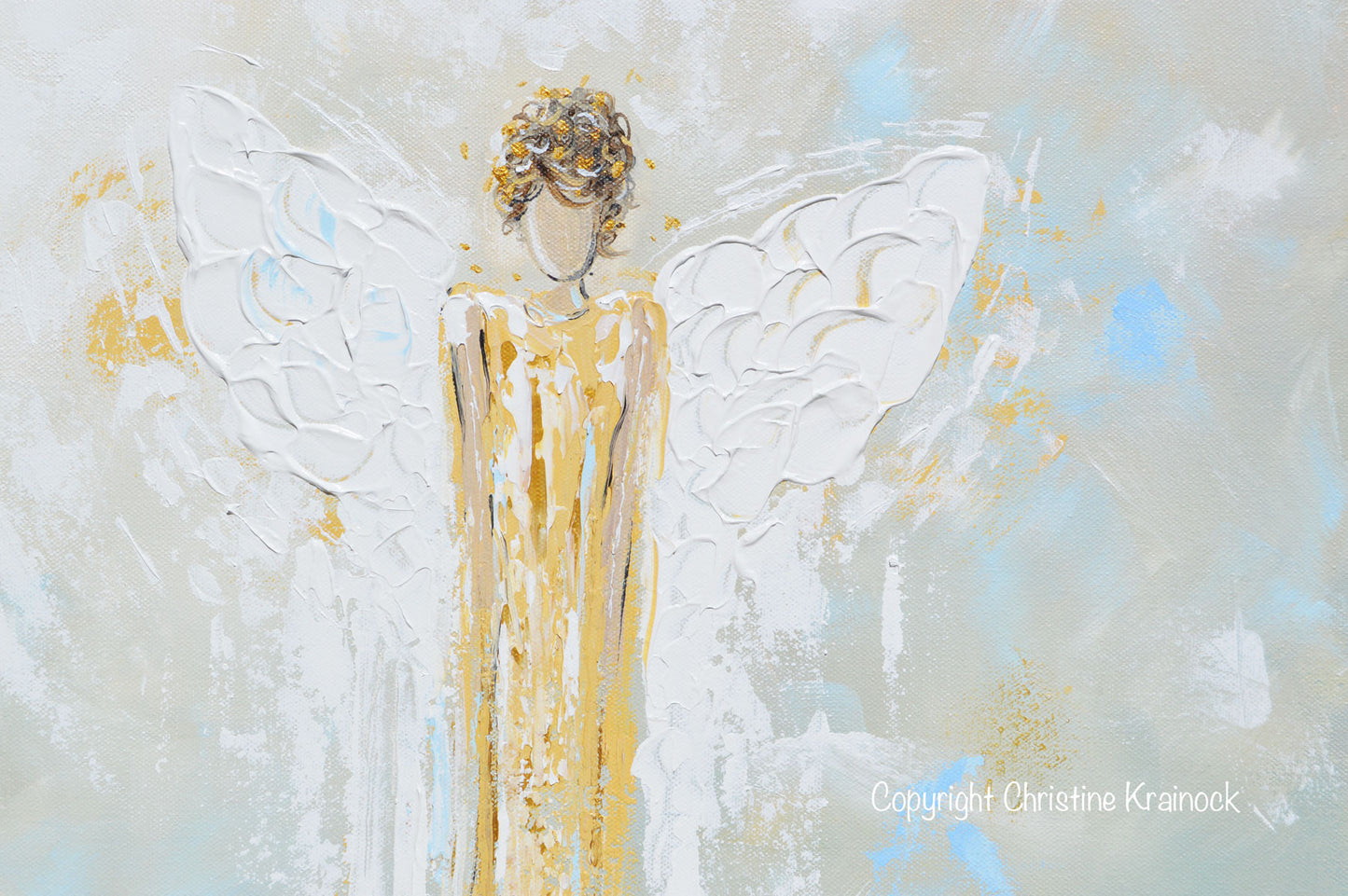ORIGINAL Abstract Angel Painting Gold White Guardian Angel Textured Palette Knife Blue Green Home Wall Art 24" - Christine Krainock Art - Contemporary Art by Christine - 5