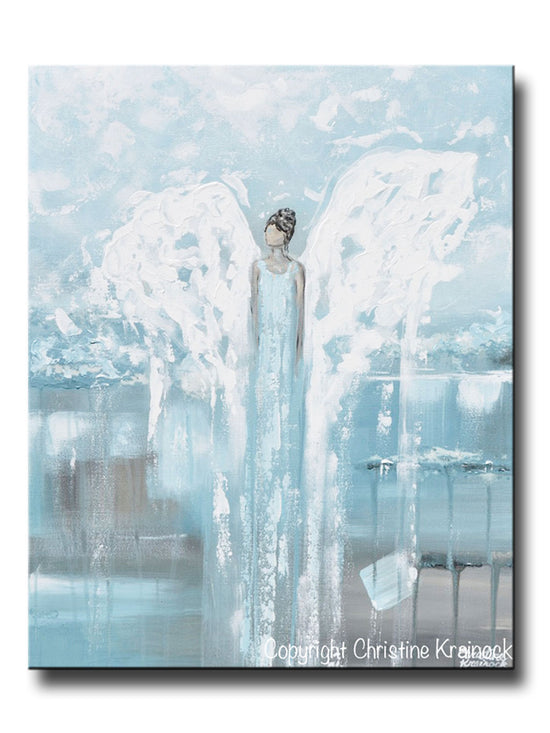 ORIGINAL Abstract Angel Painting Guardian Angel White Blue Grey Textured Palette Knife Modern Home Decor Wall Art 24x30"