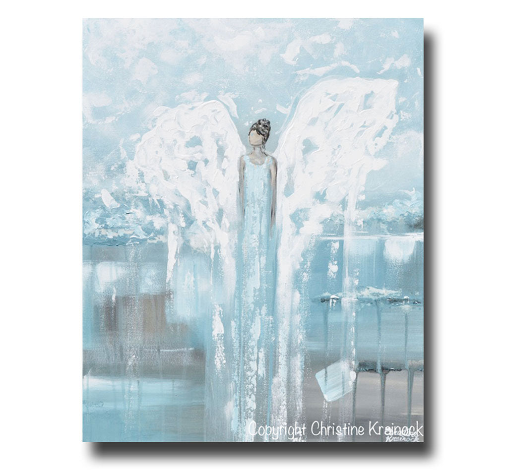 ORIGINAL Abstract Angel Painting Guardian Angel White Blue Grey Textured Palette Knife Modern Home Decor Wall Art 24x30"