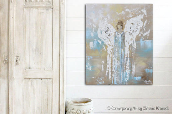 ORIGINAL Angel Painting Abstract Guardian Angel Wings Textured Blue White Home Wall Art 20x24"