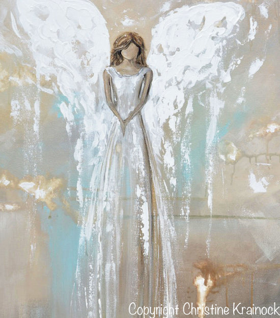 ORIGINAL Art Angel Painting Fine Art Abstract Guardian Angel Grey White Cream Beige Modern Home Wall Decor Large 36x36"