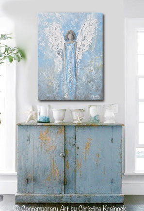 ORIGINAL Abstract Angel Painting Textured Light Blue White Guardian Angel Palette Knife Fine Art Spiritual Wall Art 24" - Christine Krainock Art - Contemporary Art by Christine - 2