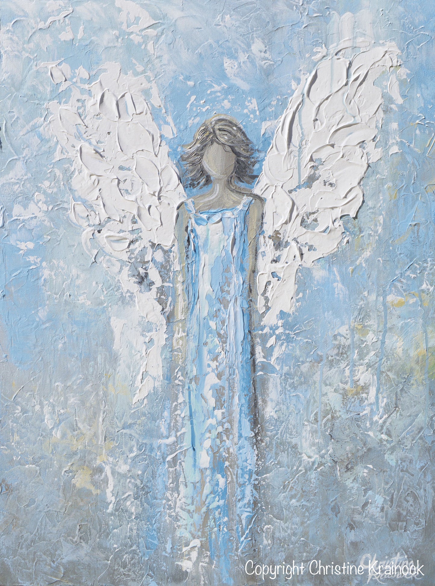 Load image into Gallery viewer, ORIGINAL Abstract Angel Painting Textured Light Blue White Guardian Angel Palette Knife Fine Art Spiritual Wall Art 24&amp;quot; - Christine Krainock Art - Contemporary Art by Christine - 6
