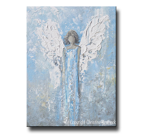 Load image into Gallery viewer, ORIGINAL Abstract Angel Painting Textured Light Blue White Guardian Angel Palette Knife Fine Art Spiritual Wall Art 24&amp;quot; - Christine Krainock Art - Contemporary Art by Christine - 3
