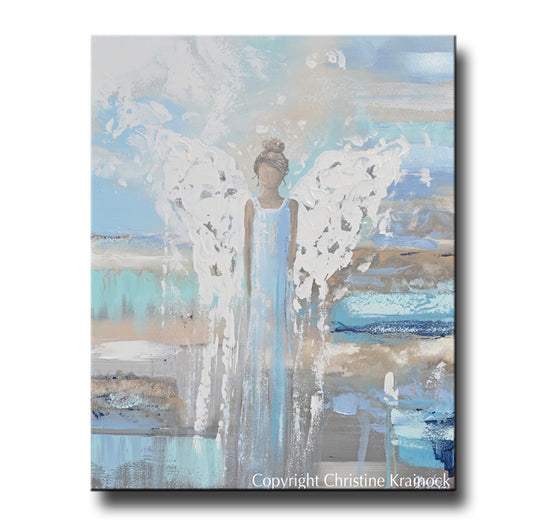 ORIGINAL Abstract Angel Painting Spiritual  Fine Art Guardian Angel Blue Brown Canvas Wall Decor 24x30"