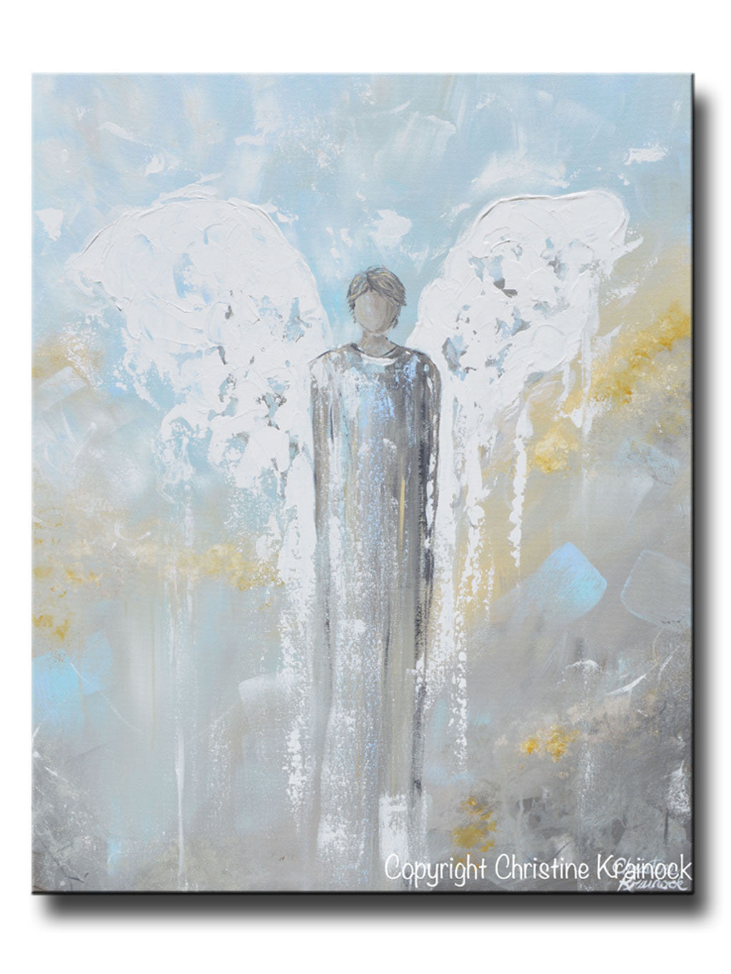 ORIGINAL Abstract Angel Painting Male Guardian Angel Blue Gold Grey Home Decor Wall Art 30x24"