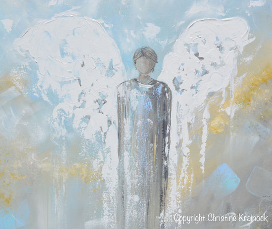 ORIGINAL Abstract Angel Painting Male Guardian Angel Blue Gold Grey Home Decor Wall Art 30x24"