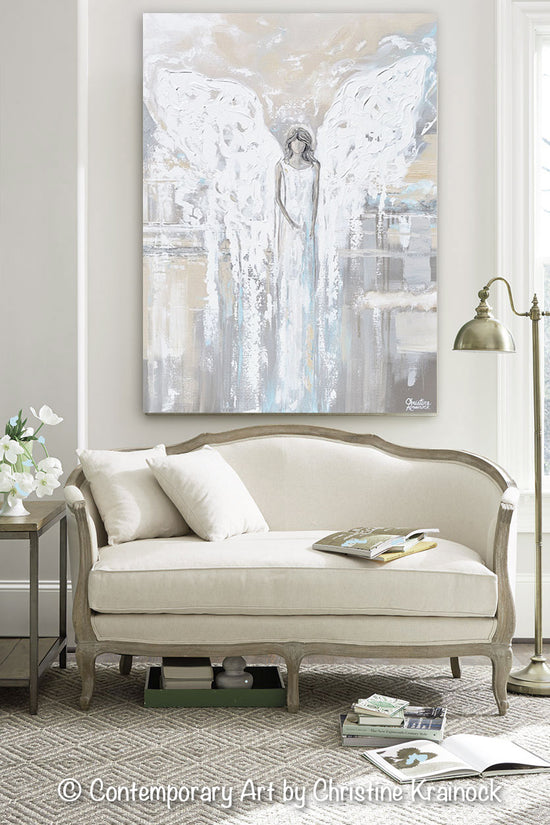 Load image into Gallery viewer, SPECIAL RELEASE GICLEE PRINT Abstract Angel Painting ANGEL OF LOVE Spiritual Grey Blue Cream Decor
