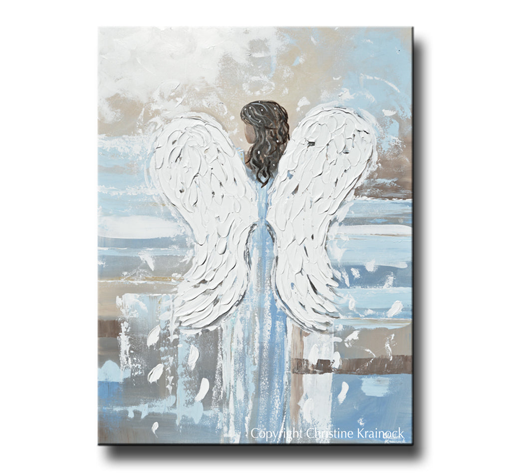 ORIGINAL Abstract Angel Painting Spiritual Art Textured Wings of Grace Blue Grey Home Wall Decor XL 36x48"