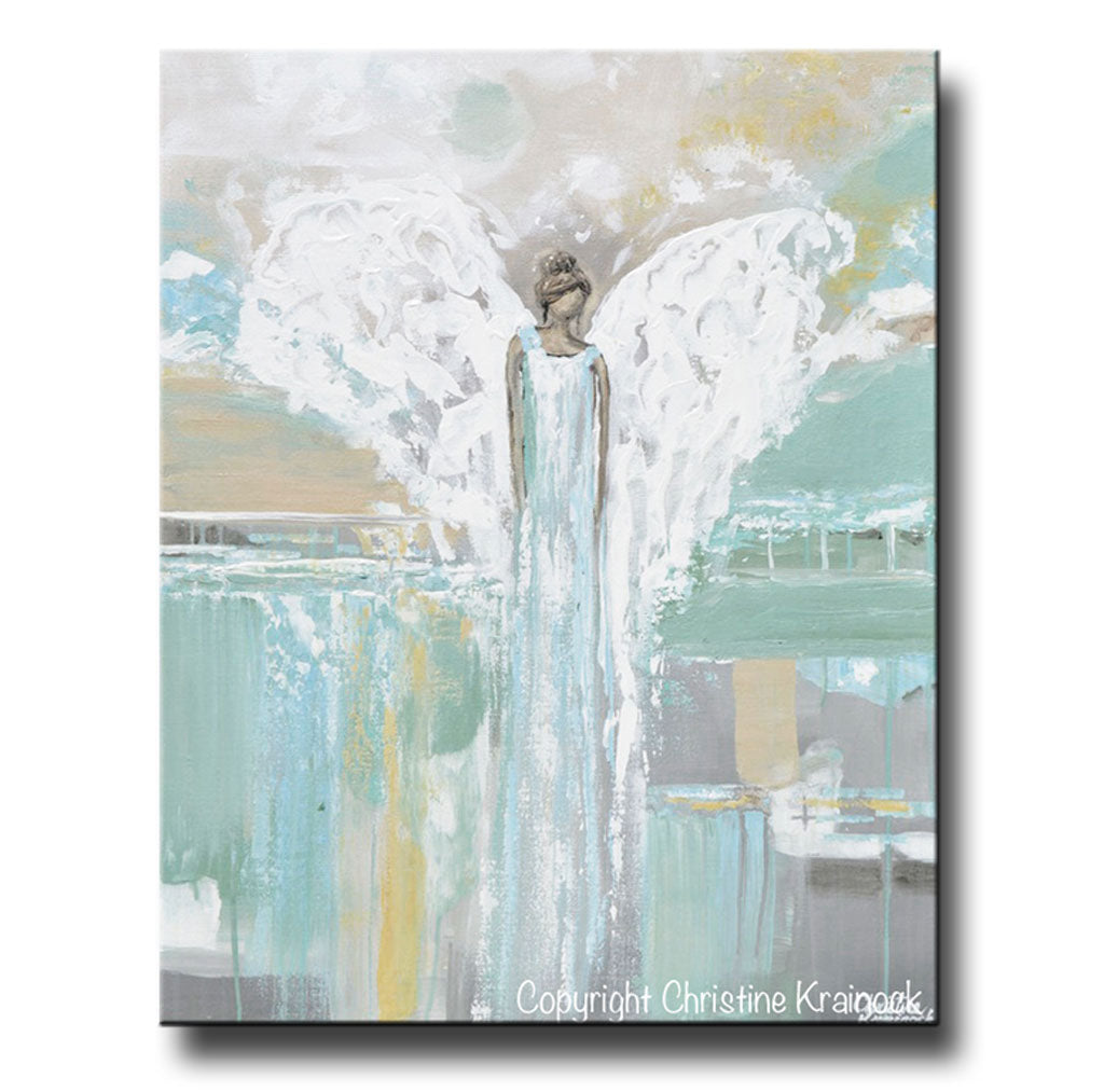 GICLEE PRINT Abstract Angel Painting Blue Green Grey White Angel Fine Art Home Decor Canvas Wall Art