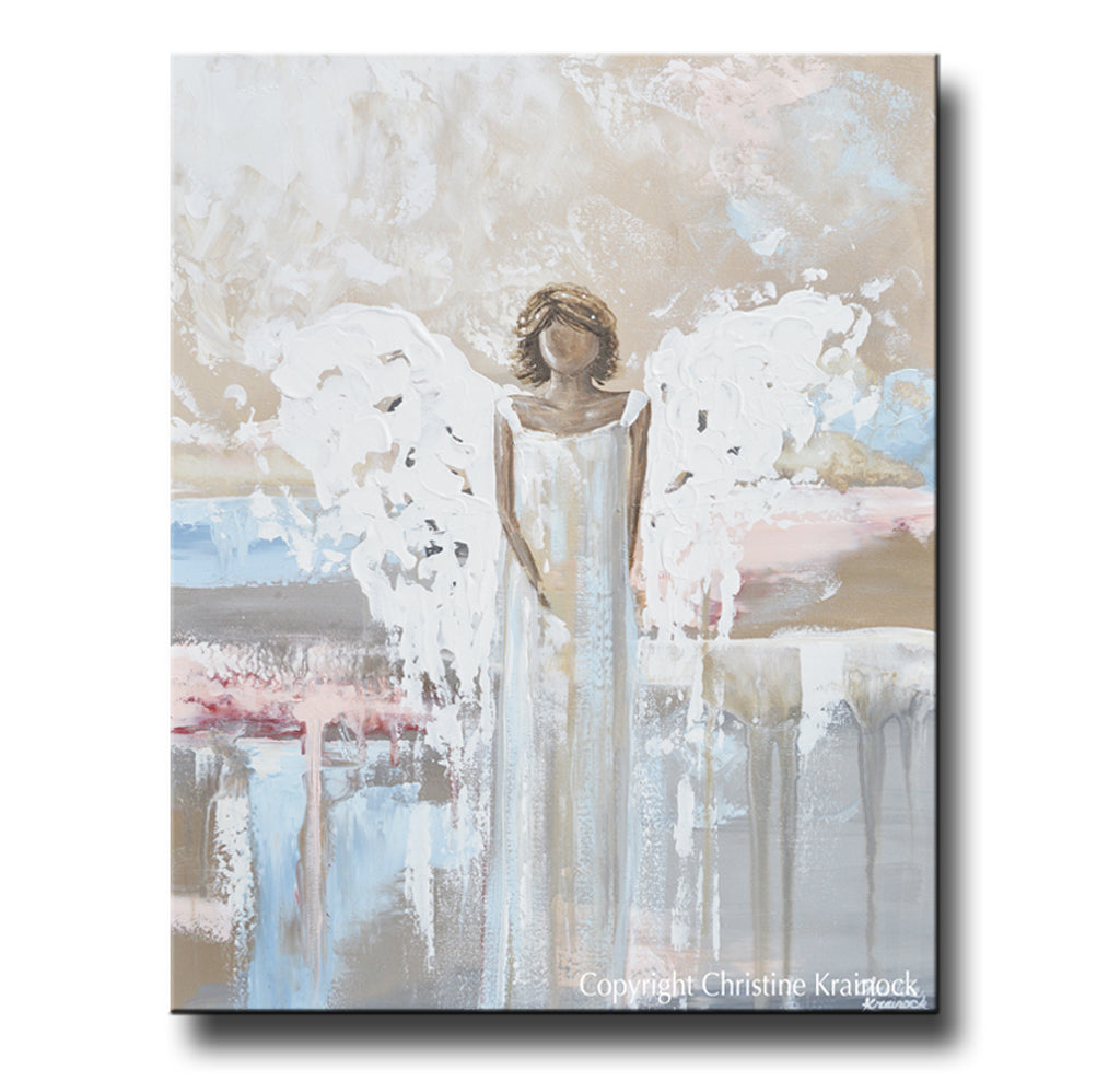 ORIGINAL Abstract Angel Painting Art Guardian Angel White Grey Blue Pink Home Wall Decor 24x30"