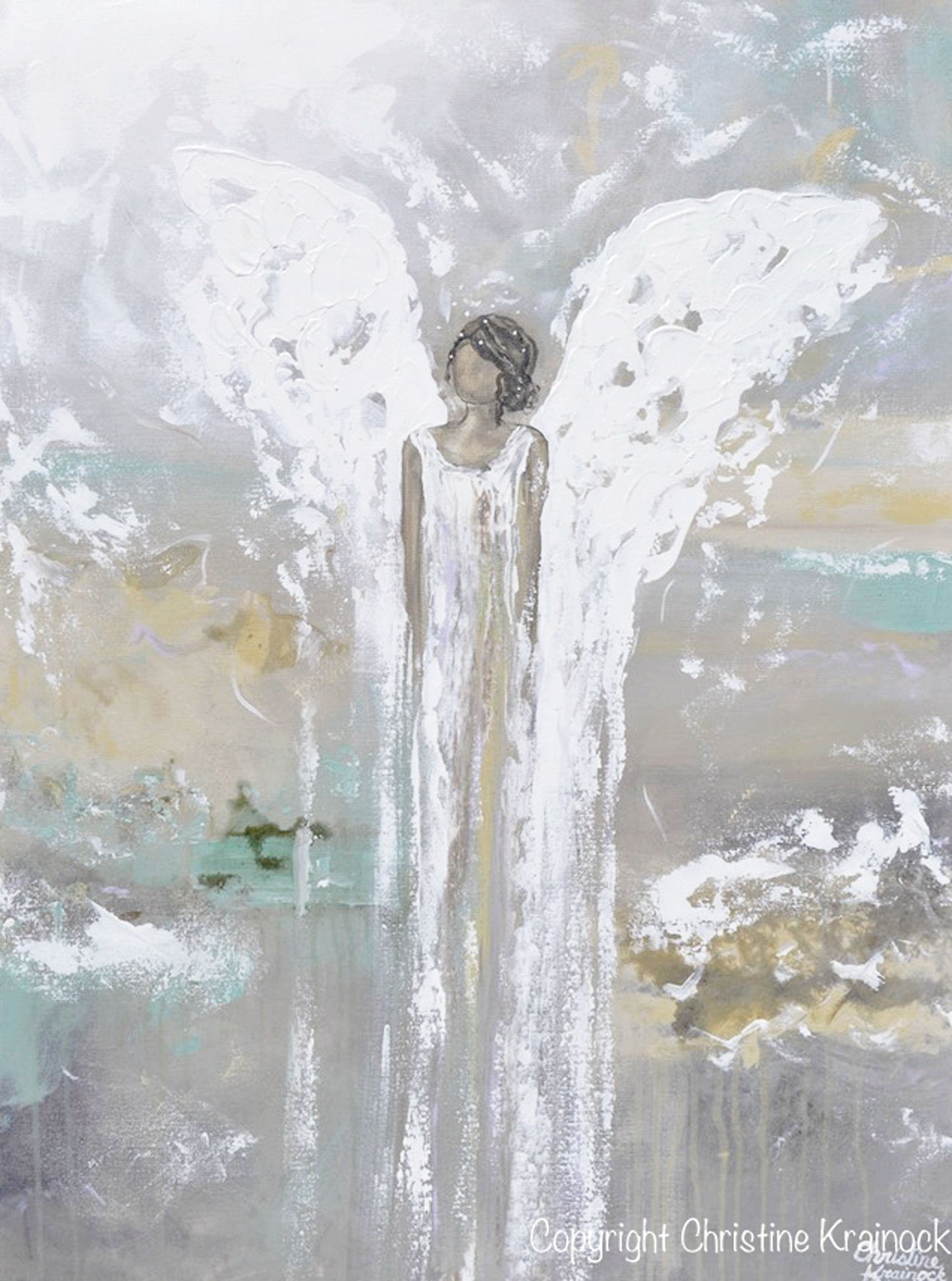 ORIGINAL Abstract Angel Painting Guardian Angel White Grey Gold Green Holiday Home Decor Wall Art Large 30x40"