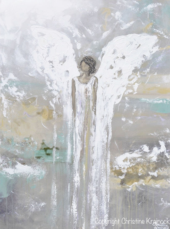 ORIGINAL Abstract Angel Painting Guardian Angel White Grey Gold Green Holiday Home Decor Wall Art Large 30x40"