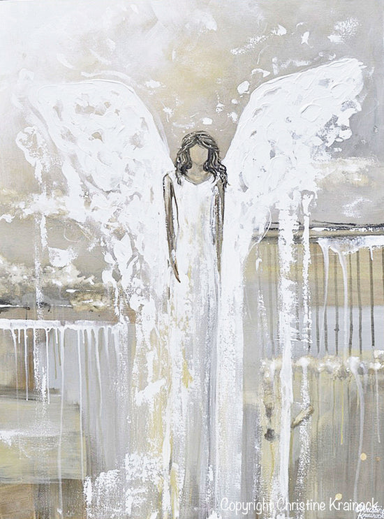 Load image into Gallery viewer, GICLEE PRINT Abstract Angel Painting Art Guardian Angel Grey White Cream Neutral Home Wall Decor
