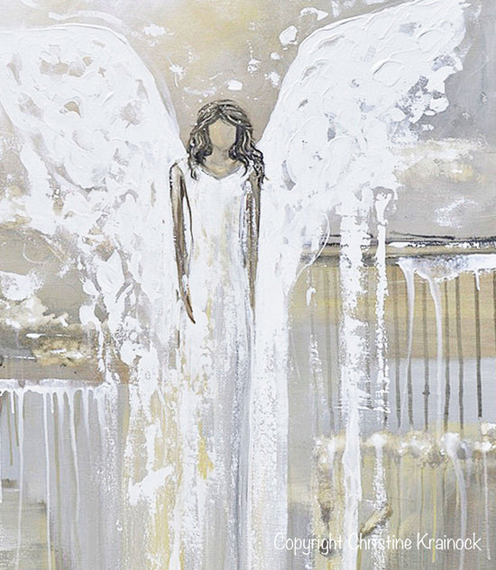 ORIGINAL Abstract Angel Painting Fine Art Guardian Angel Grey White Cream Neutral Home Wall Decor X Large 36x48"