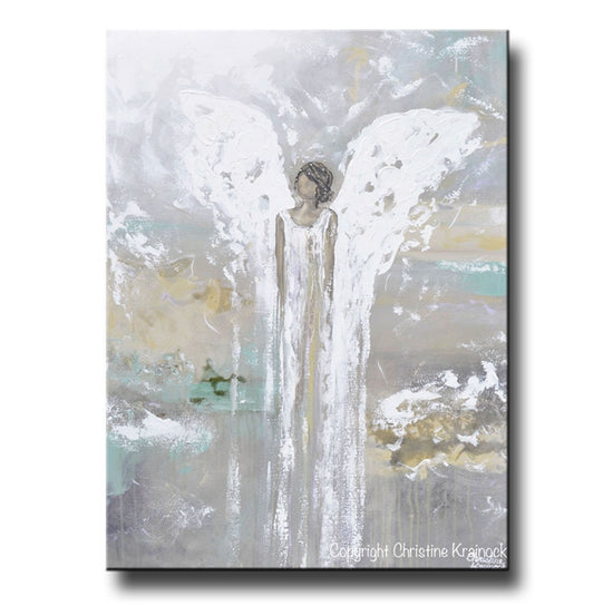 ORIGINAL Abstract Angel Painting Guardian Angel White Grey Gold Green Holiday Home Decor Wall Art Large 30x40"