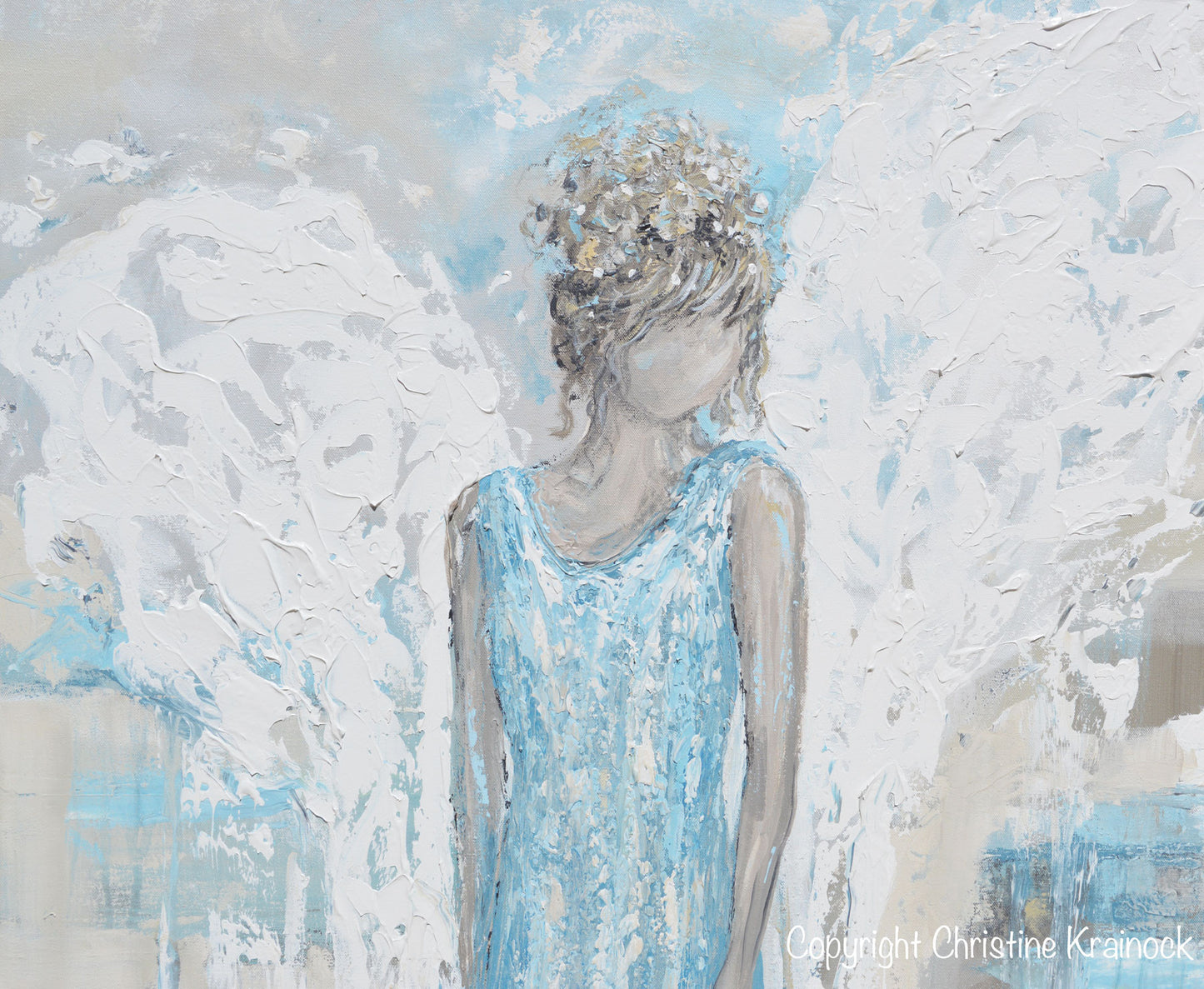 ORIGINAL Abstract Angel Painting Guardian Angel Wings Textured Blue White Grey Home Decor Wall Art X Large 30x40"