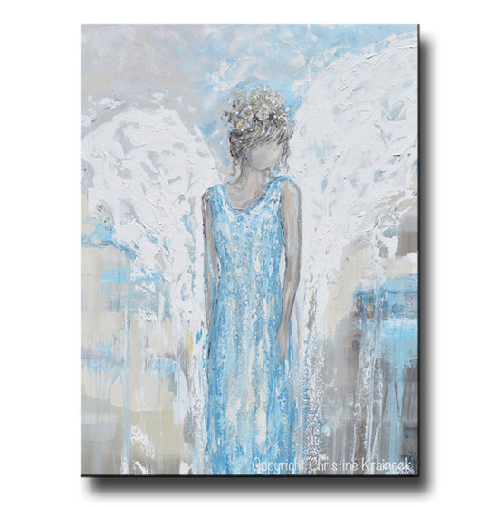 ORIGINAL Abstract Angel Painting Guardian Angel Wings Textured Blue White Grey Home Decor Wall Art X Large 30x40"