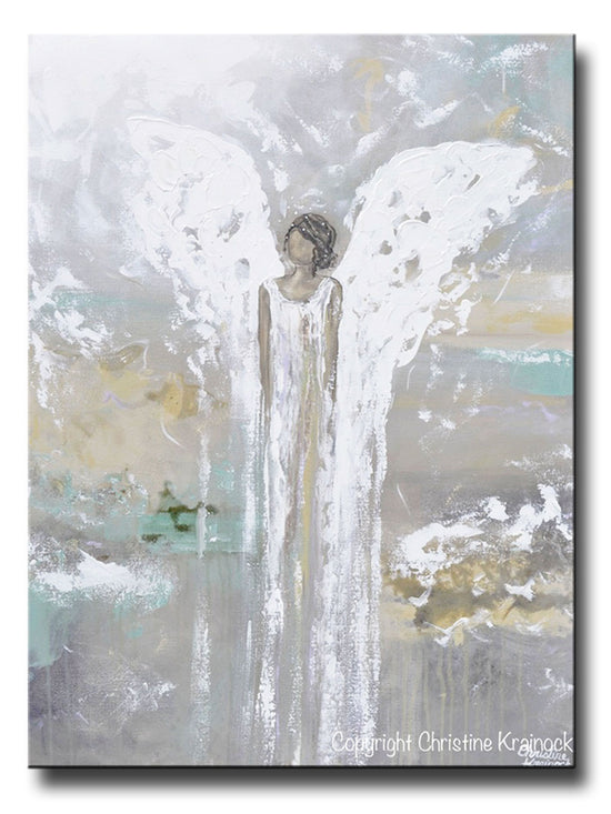ORIGINAL Abstract Angel Painting Guardian Angel White Grey Gold Green Holiday Home Decor Wall Art Large 30x40"