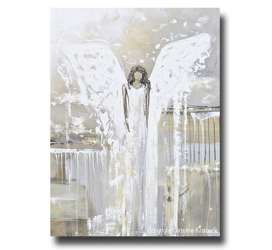 ORIGINAL Abstract Angel Painting Fine Art Guardian Angel Grey White Cream Neutral Home Wall Decor X Large 36x48"
