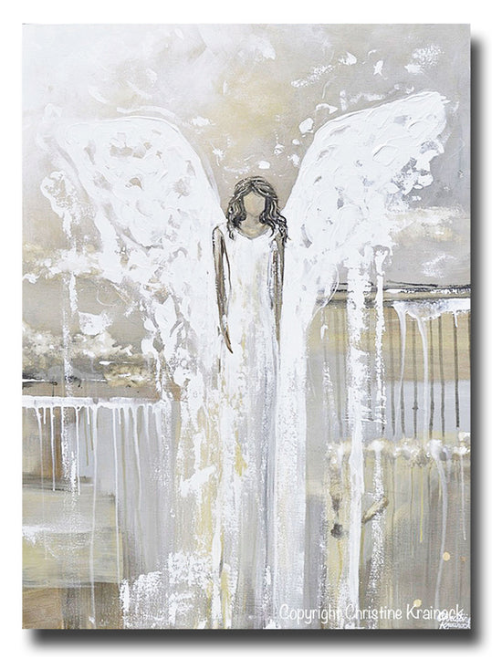 Load image into Gallery viewer, GICLEE PRINT Abstract Angel Painting Art Guardian Angel Grey White Cream Neutral Home Wall Decor
