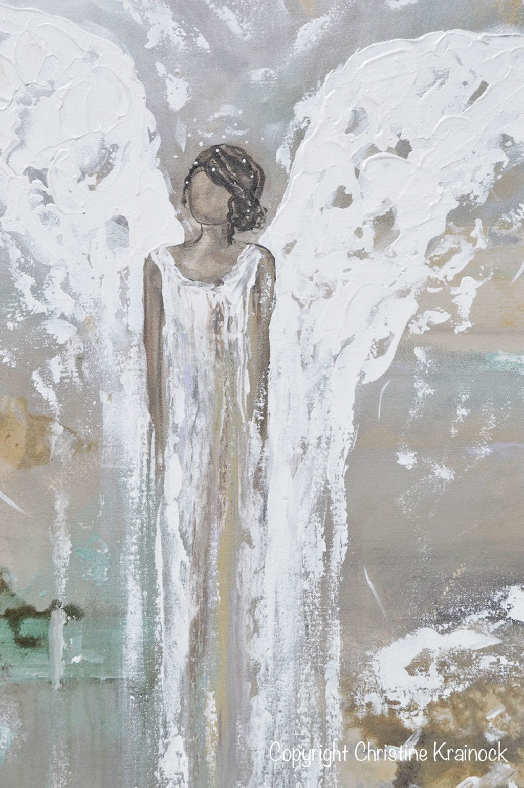 ORIGINAL Abstract Angel Painting Guardian Angel White Grey Gold Green Holiday Home Decor Wall Art Large 30x40"