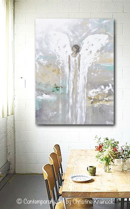 ORIGINAL Abstract Angel Painting Guardian Angel White Grey Gold Green Holiday Home Decor Wall Art Large 30x40"