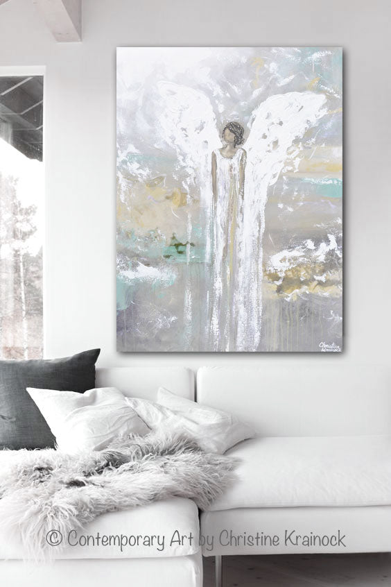 ORIGINAL Abstract Angel Painting Guardian Angel White Grey Gold Green Holiday Home Decor Wall Art Large 30x40"