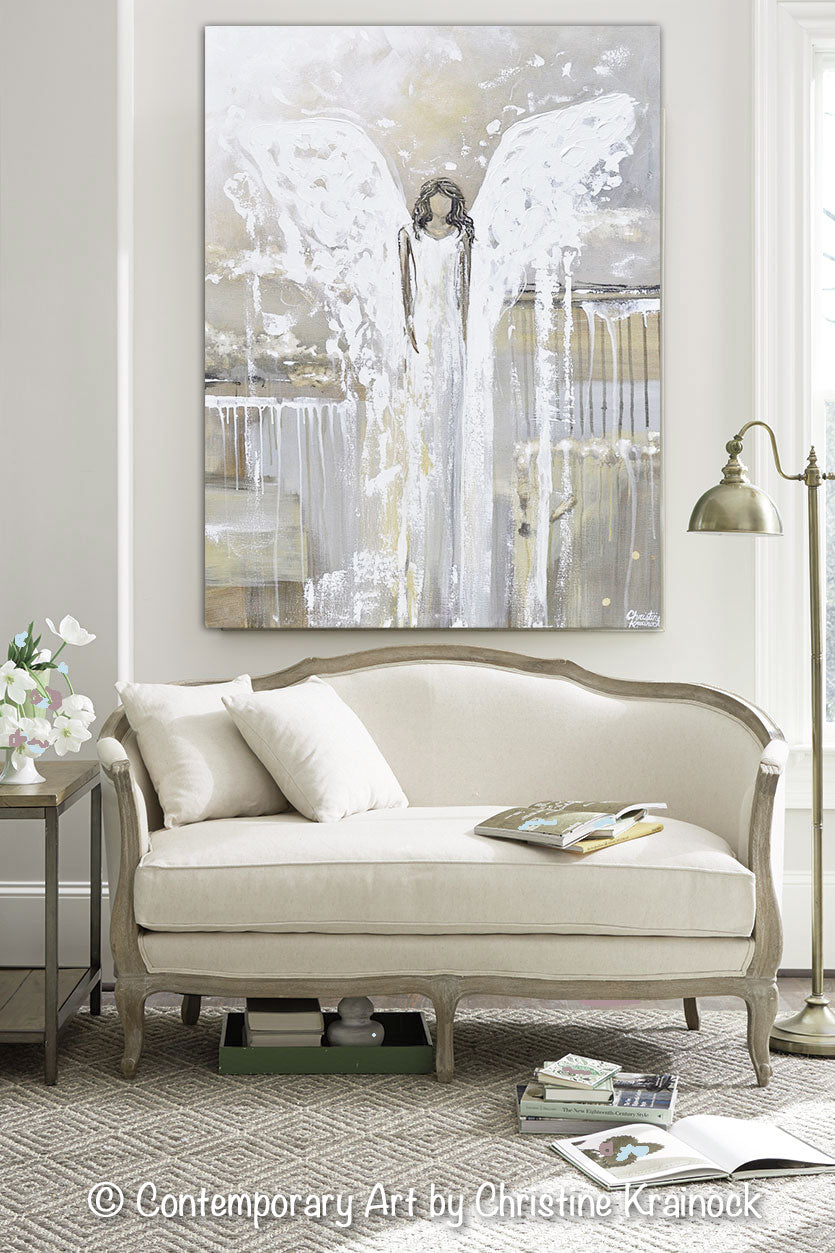 GICLEE PRINT Abstract Angel Painting Art Guardian Angel Grey White Cream Neutral Home Wall Decor