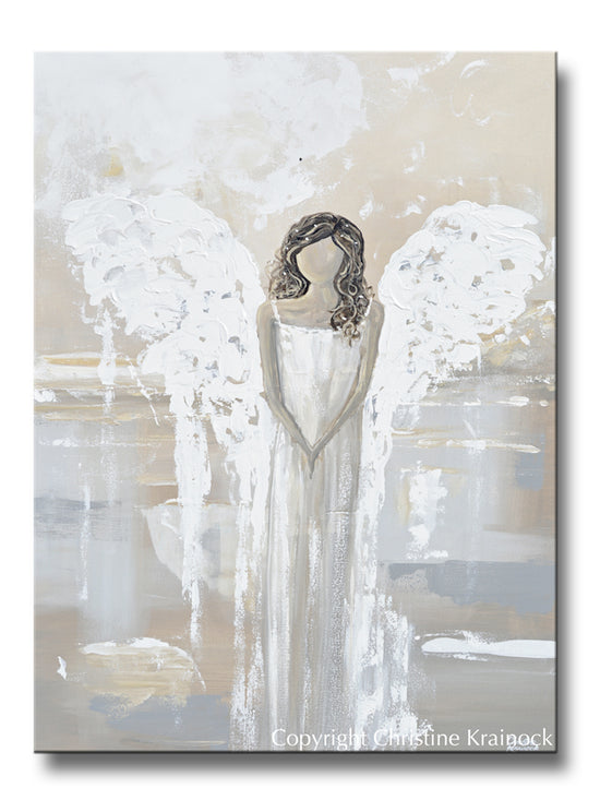 ORIGINAL Abstract Angel Painting Fine Art Guardian Angel White Grey Cream Neutral Home Wall Decor XL 36x48"