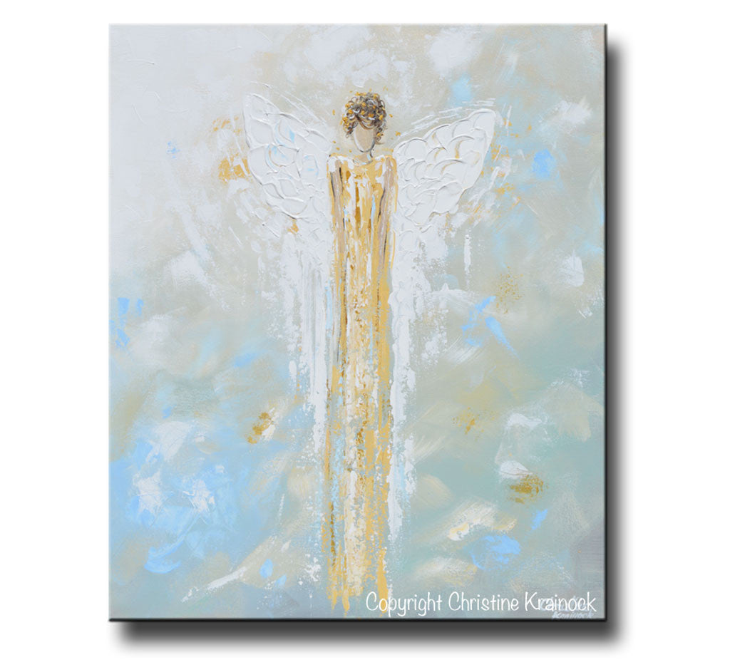 Load image into Gallery viewer, ORIGINAL Abstract Angel Painting Gold White Guardian Angel Textured Palette Knife Blue Green Home Wall Art 24&amp;quot; - Christine Krainock Art - Contemporary Art by Christine - 4

