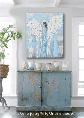 Load image into Gallery viewer, ORIGINAL Angel Painting Abstract Light Blue Guardian Angel Textured Home Decor Spiritual Wall Art 20x24&amp;quot;

