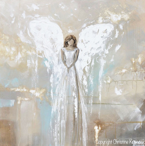 Load image into Gallery viewer, GICLEE PRINT Art Angel Painting Fine Art Guardian Angel Grey White Cream Beige Home Wall Decor
