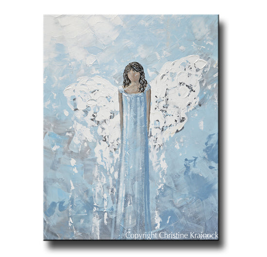 ORIGINAL Abstract Angel Painting Spiritual Art Blue Grey White Textured Home Wall Decor 30x40"