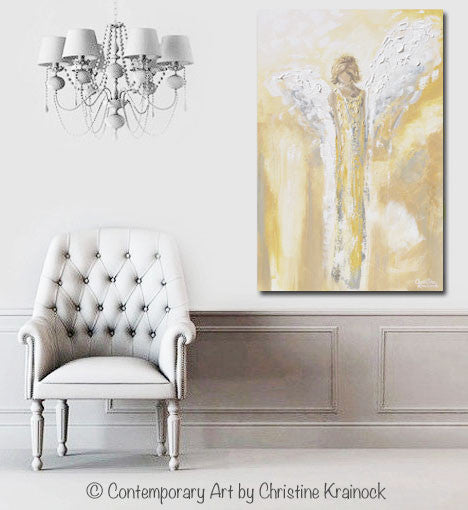 Load image into Gallery viewer, GICLEE PRINT Art Angel Painting Gold Grey White Abstract Guardian Angel Modern Home Wall Art Large - Christine Krainock Art - Contemporary Art by Christine - 4
