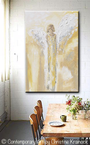 ORIGINAL Angel Painting Gold Grey White Textured Abstract Guardian Angel Modern Home Wall Art Large 36x24" - Christine Krainock Art - Contemporary Art by Christine - 2