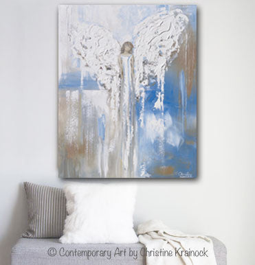 Load image into Gallery viewer, ORIGINAL Abstract Angel Painting Textured Guardian Angel Blue White Beige Spiritual Wall Art 30x24&amp;quot; - Christine Krainock Art - Contemporary Art by Christine - 2
