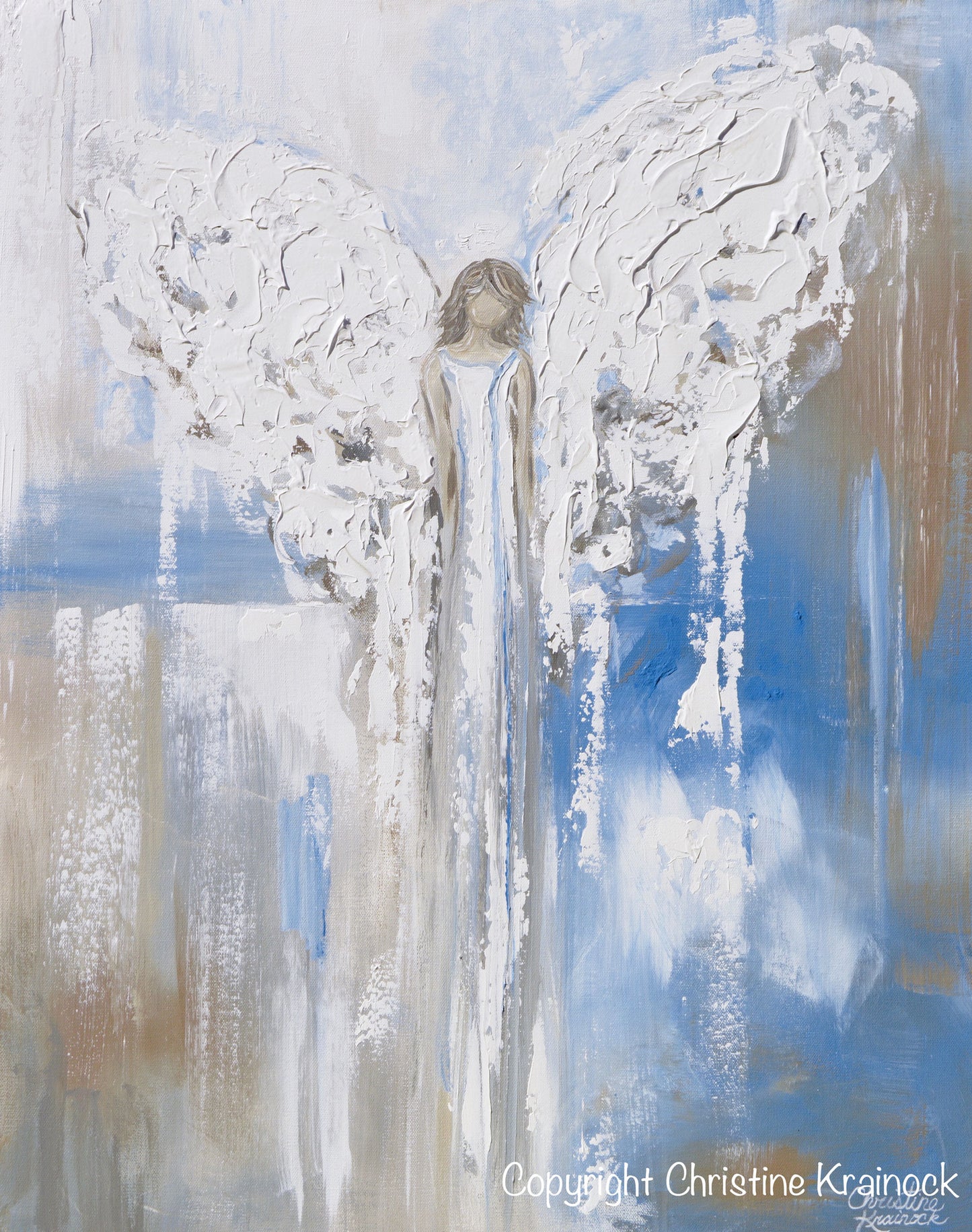 Load image into Gallery viewer, ORIGINAL Abstract Angel Painting Textured Guardian Angel Blue White Beige Spiritual Wall Art 30x24&amp;quot; - Christine Krainock Art - Contemporary Art by Christine - 6
