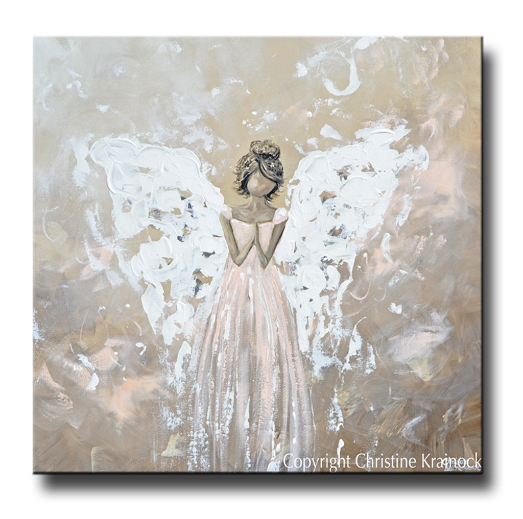 ORIGINAL Abstract Angel Painting Art Praying Angel White Grey Cream Pink Home Wall Decor 36x36"