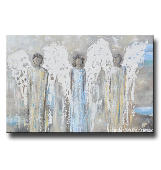 Load image into Gallery viewer, ORIGINAL Angel Painting Abstract 3 Angels Guardian Textured Grey Gold Home Decor Wall Art 36x24&amp;quot;
