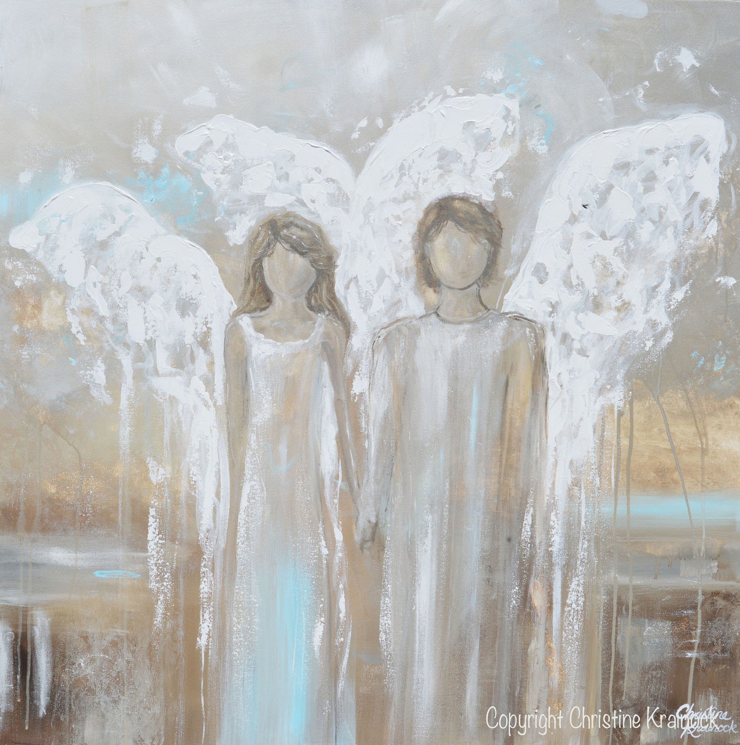 GICLEE PRINT Abstract Angel Painting Pair of 2 Angels Holding Hands Grey White Blue Home Wall Art
