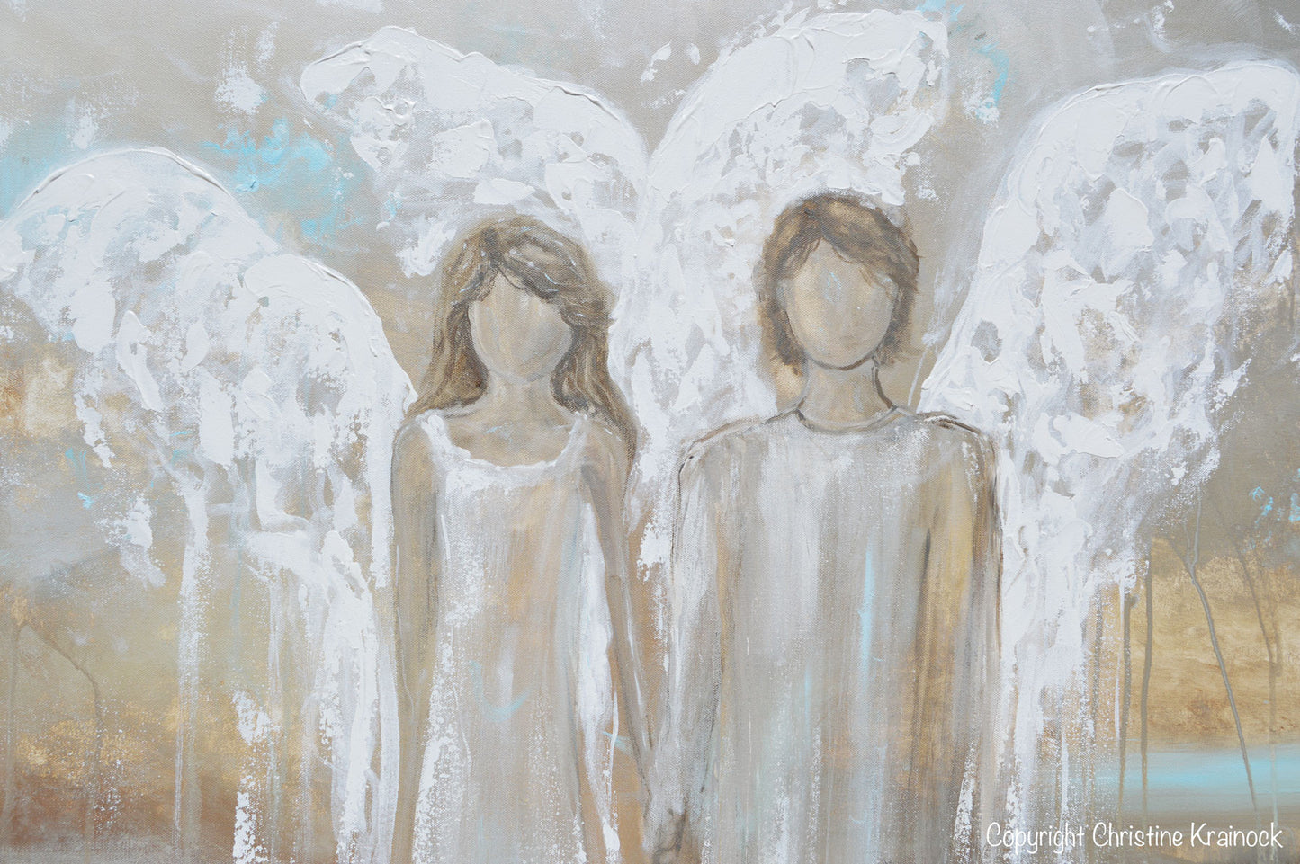 GICLEE PRINT Abstract Angel Painting Pair of 2 Angels Holding Hands Grey White Blue Home Wall Art