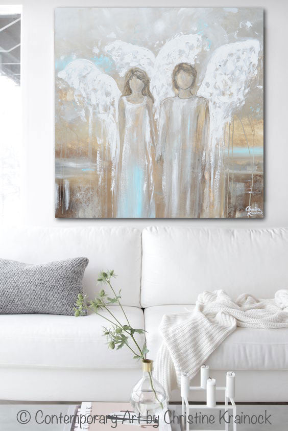 ORIGINAL Abstract Angel Painting Pair of 2 Angels Holding Hands Grey White Blue Neutral Home Wall Art X-Large 36x36"